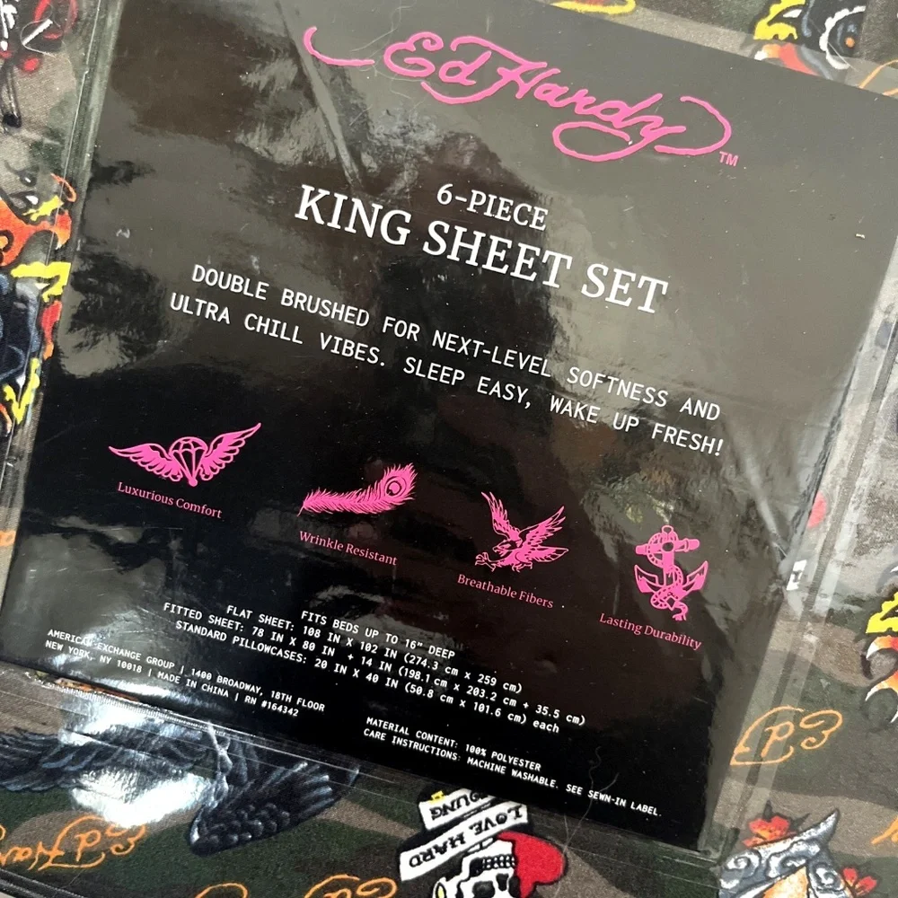 NWT Ed Hardy 6-Piece King Sheet Set Skull Geisha Tattoo Print King Bedding